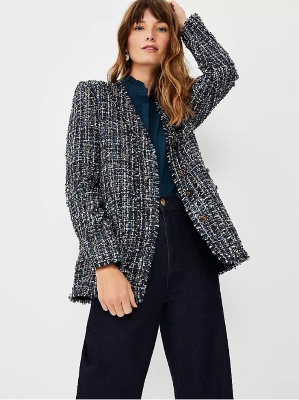 NWT Petite Ann Taylor Double Brested Tweed Blazer - Navy/White Pattern 4P